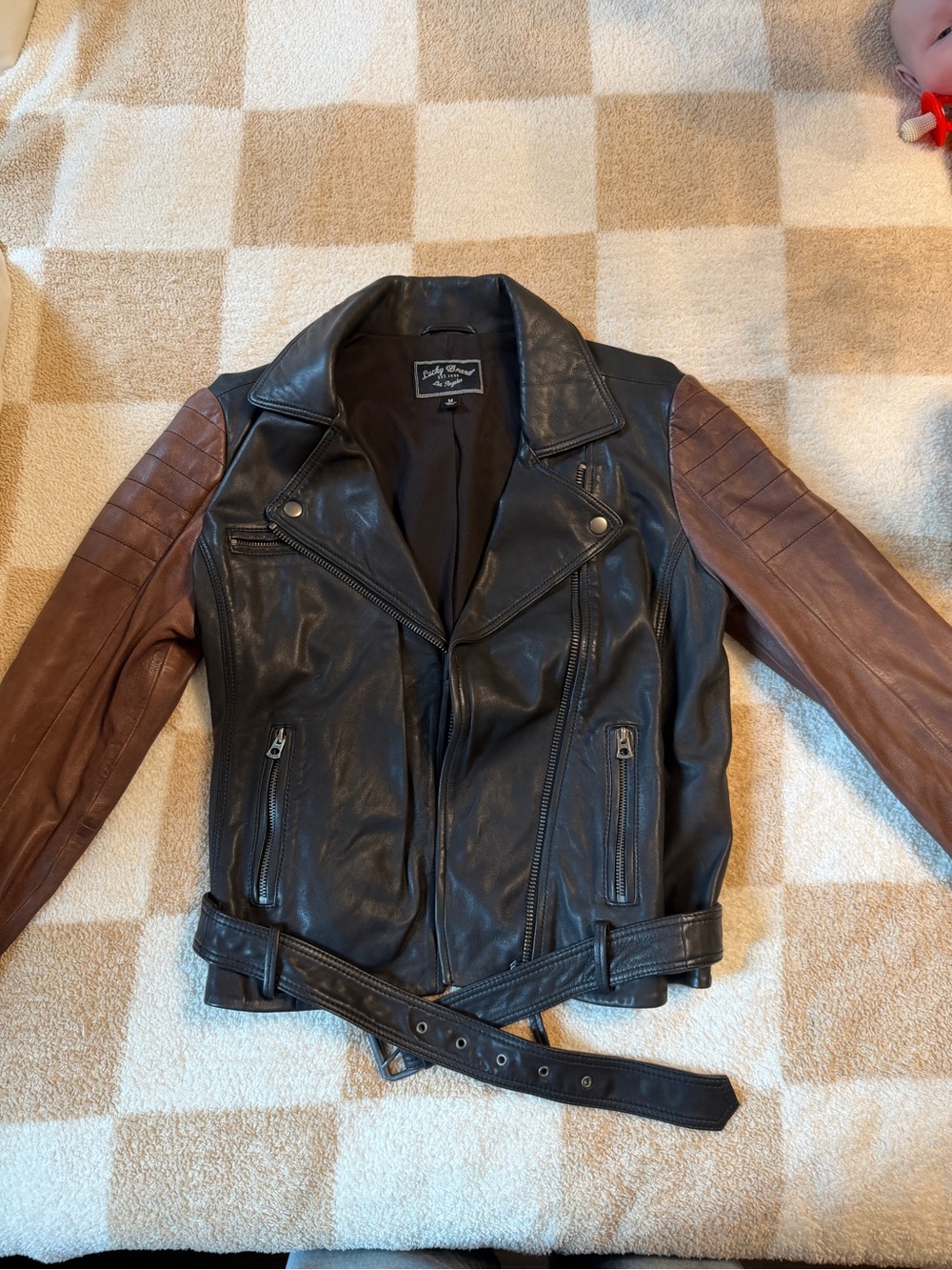 Lucky Brand Two-Tone Leather Moto Jacket - Black Body, Brown Sleeves